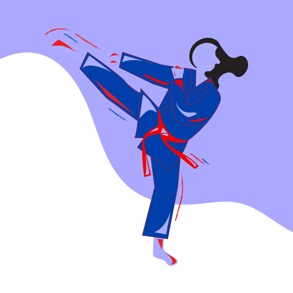 Illustration of a martial artist in FAB blue and red